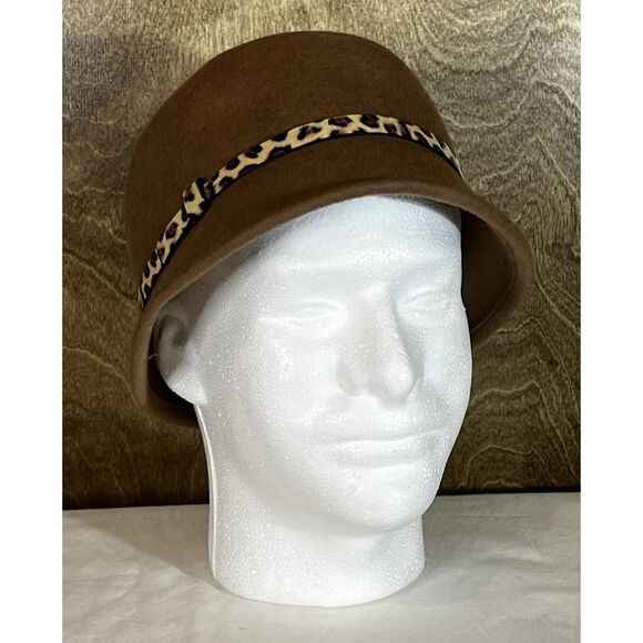 Unknown Accessories - Brown Cloche Hat with Leopard Print Band Retro Fashion Statement